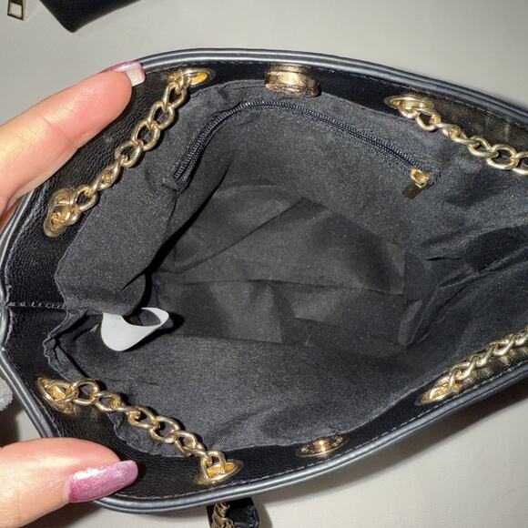 Black Leather Gold Star Studded Bucket Bag - Picture 5 of 6